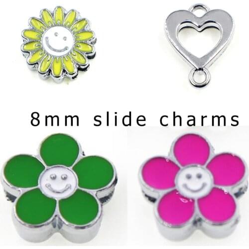 20pcs/lot Internal Dia 8mm slide Charm Flower Heart Rhinestone DIY Accessories fit 8mm wide belt pet collar