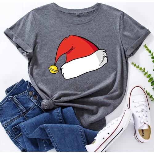 Funny T Shirt Women Graphic Tee Merry Christmas Hat Printed T Shirt Short Sleeve Fashion Cute Christmas Tops Camiseta Mujer