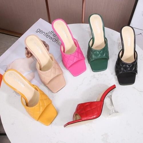 2021 Luxury Design Outdoor Slides Women 9cm Crystal High Heels Summer Candy Colors Sandals Mules Slippers Big Size Party Shoes