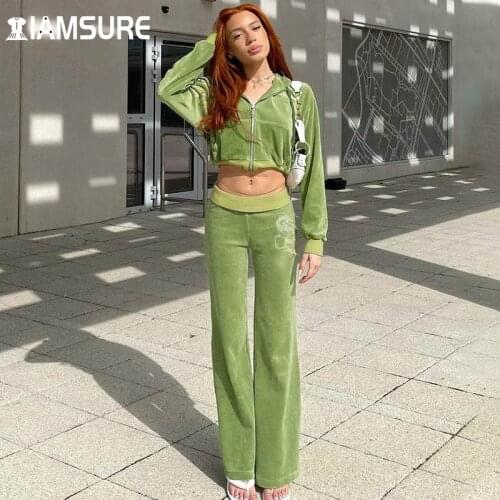 IAMSURE Green Velvet Pants Set Women Autumn Winter 2 Pieces Sets Solid Hooded Long Sleeve Cropped Tops Low Waisted Trousers 2021