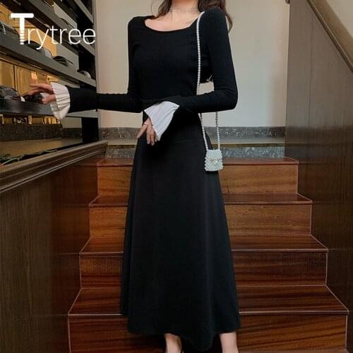 Trytree Autumn Women Two Piece Set Casual Square Collar Knitting Pleated Flare Sleeve Tops + Skirt Bandage A-line 2 Piece Set