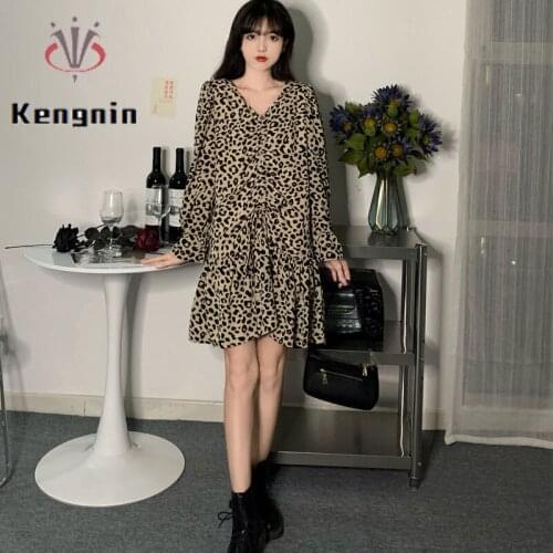 2021 Spring Autumn Womens Dress Draw String Leopaed Ladies Vestidos Dresses V-Neck Long Sleeve Asymmetical Robe Dress KE977