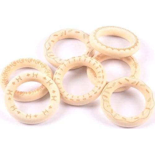 4Pcs 55mm Natural Wood Circle Single Face Pattern DIY Crafts Embellishment For Wooden Ring Children Kids Teething Ornaments