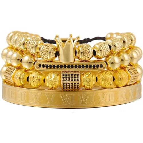 4pcs/set Luxury Men Bracelet Stainless steel bangle King Crown CZ Charms Pattern Beads Mens bracelets & bangles for Men Jewelry