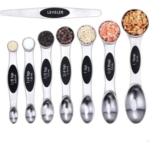 8PCS Stainless Steel Magnetic Measurement Teaspoon Set Fits in Spice Jars Double Head Measuring Spoons Kitchen Baking Tools