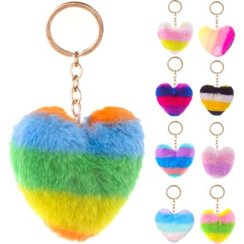 Peach Heart Key Chain Rainbow Heart Plush Multicolor Splicing Heart-shaped Pendant Keychain Bag Car Key Ring Decor