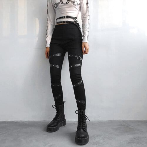 Black Gothic Pencil Pants Rivet High Waist Woman Slim Body Dark Goth Pant 2021 Women Punk Aesthetic Clothes Vintage Streetwears
