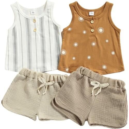 Citgeett Summer Kids Baby Boys Clothes Sets 2pcs Striped Printed Sleeveless Vest Tops Solid Lace Up Shorts Clothing