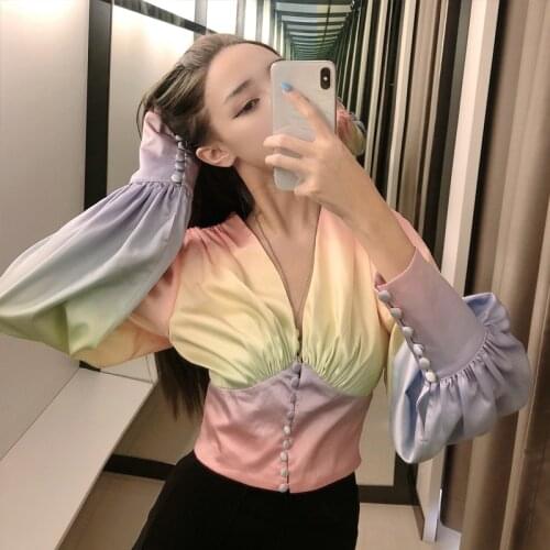 Rainbow Gradient Color Collect Waist V-neck Shirt Womens 2021 Spring Summer Fashion Lantern Sleeve Single Breasted Shirts
