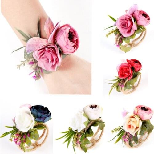 Simulation Wreaths Handmade Rope Rose Flowers Bridesmaid Hand Decor Garland Corsage Wrist Bracelet Wedding Artificial Flowers