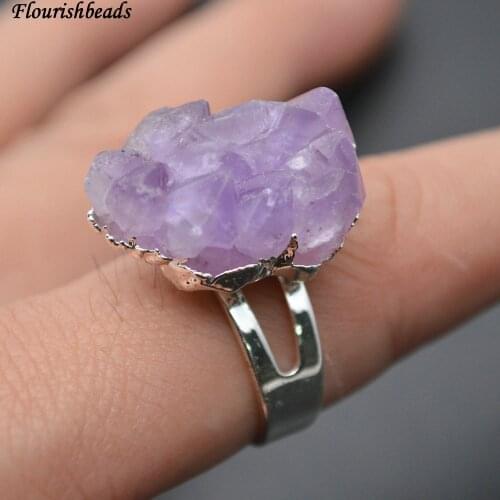 Inner Size Adjustable Natural Druzy Flower Amethyst Gemstone Rings Fashion Woman Jewelry