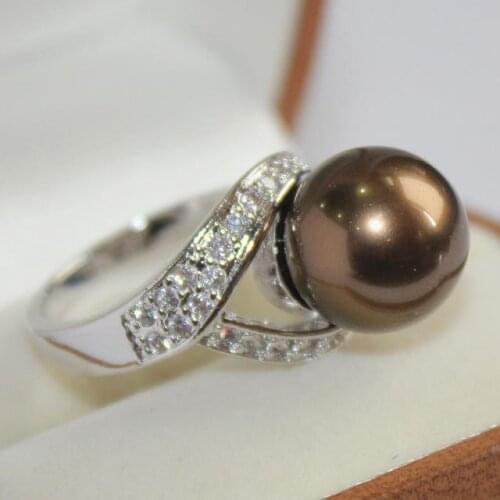 Nice ladys plated with crystal decorated &12mm brown shell pearl ring(#7 8 9 10) 35