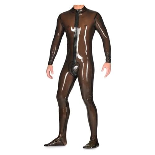 Latex Catsuit Bodysuit Bondage BDSM Leotard Sexy Coverall Handmade Rubber Bodysuit Fetish w/o Hand Hood Front Zip