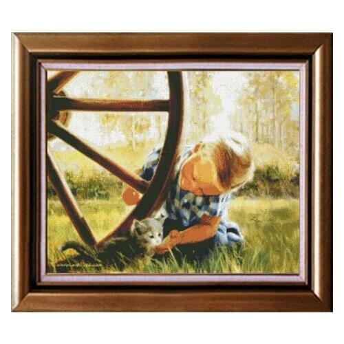 Boy and Cat Cute Child Sets for Embroidery Kids Needlework 14CT Counted Unprinted DIY Cross Stitch Kits Handmade Arts Decor