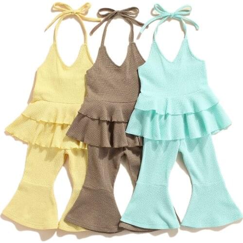 Fashion Summer Kids Girls Clothes Sets 2-7Y Solid Strap Sleeveless Halter Ruffles Vest Tops Flare Pants