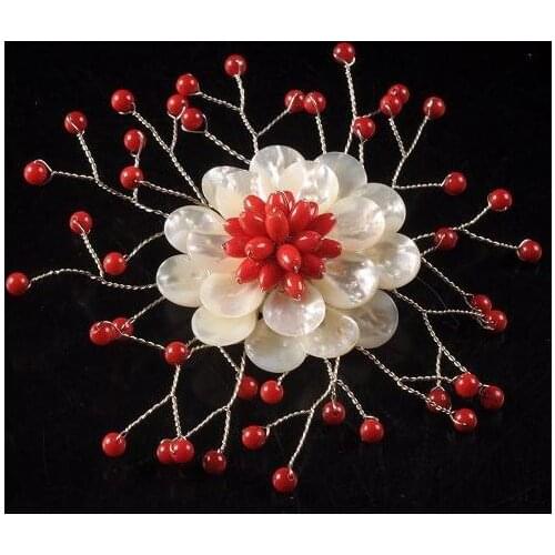 Wholesale Handwork Pearl Jewellery,Wedding Birthday Party Women Gift Brooch,Red Stone White Pearl Shell Flower Pin Brooch