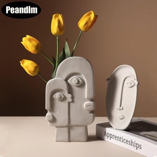 PEANDIM Creative Ceramic Human Face Vases Abstract Flower Vase Pot For Dried Flower Arrangement Home White Porcelain Vase