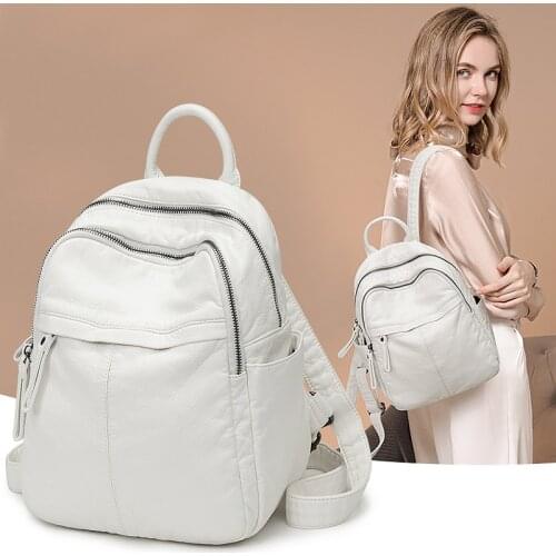 2021 Casual Backpack Women White Waterproof Washing Leather School Bags for Teenage Girls Fashion Travel Sholder Mochila