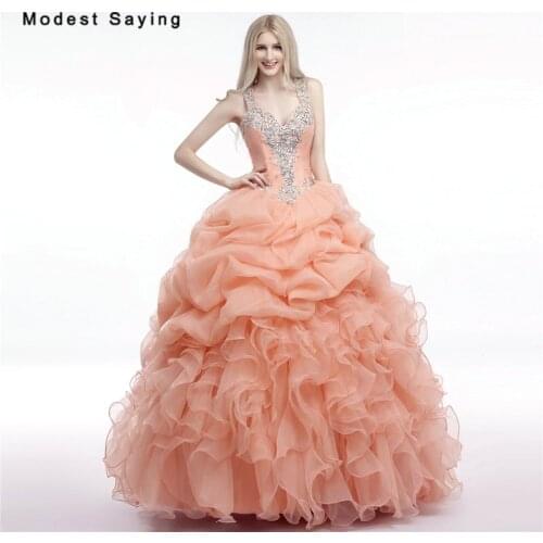 Luxury Peach Ball Gown Quinceanera Dresses 2017 with Crystal Strap and Ruffled Skirt Girls Long Party Prom Gowns debutante gowns