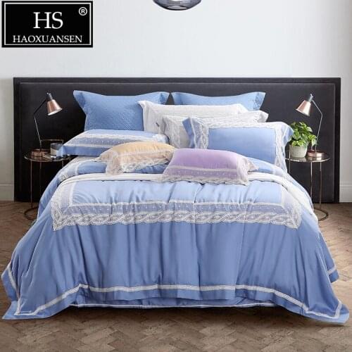Luxury Blue Lace Princess 4 Piece Bedding Sets 100% Tencel Lyocell Soft Breathable 650 Thread Count Bed Linens Queen King Size