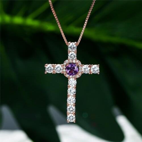 Luxury Female Purple Crystal Pendant Necklace Cute Rose Gold Color Chain Necklaces For Women White Zircon Cross Wedding Necklace
