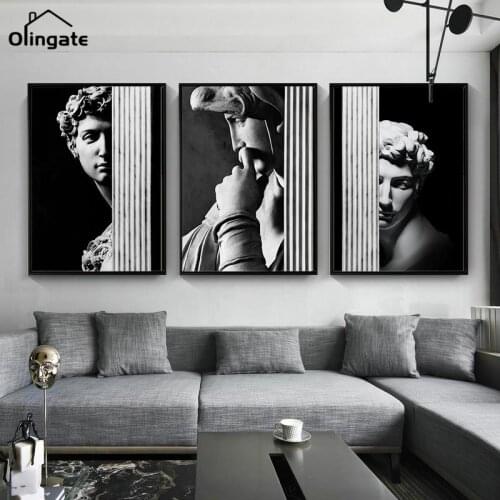 Nordic Black and White Wall Mural Modern Retro Roman Column Figure Posters David Gypsum Sculpture Canvas Painting for Home Decor