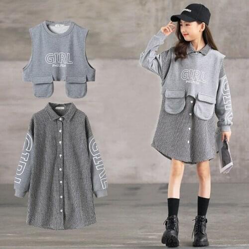 2021 Spring Fashion Leisure Girl Plaid Set Gray Vest +Long Sleeve Dresses 2 Pieces Sets Toddler Clothes Ubrania Dla Dziewczynek