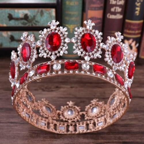 Vintage Round Red Crystal Big Crown Bridal Tiara And Crown For Wedding Princess Beauty pageant Bride Hair Accessories Jewelry