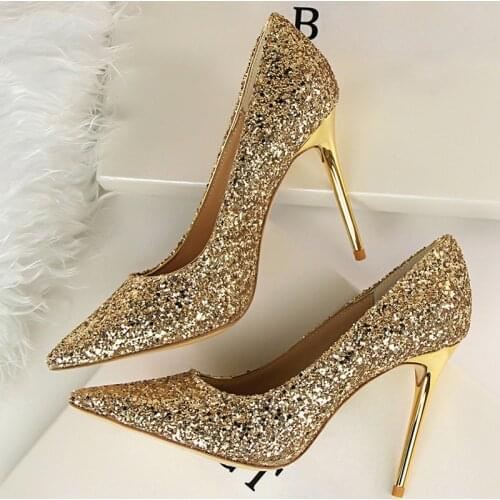 2021 Women 7cm 9.5cm High Heels Sequins Glitter Luxury Designer Pumps Plus Size 43 Wedding Bridal Gold Valentine Scarpins Shoes
