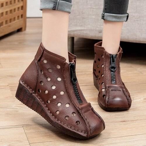Handmade Women Casual Platform Boots 2021 Summer Vintage Genuine Leather Ankle Boots Ladies Summer Cutout Breathable Sandals