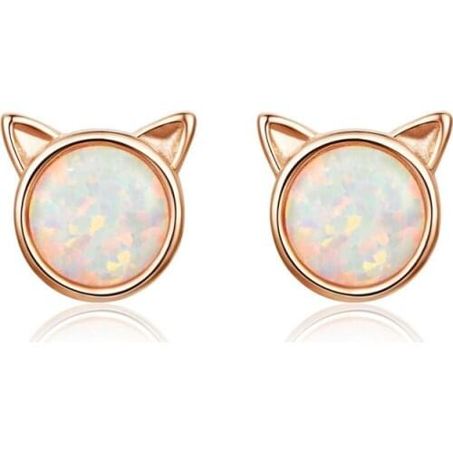 WOSTU 100% 925 Sterling Silver Cute Cat Earrings Rose Gold Opal Stone Tiny Stud Earrings For Women Wedding Party Jewelry BKE538