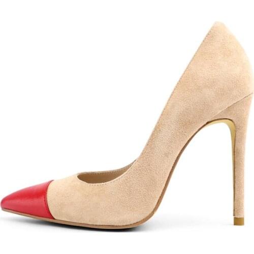 New Arrivals Red Pointed Toe Women Shoes High Heels Beige Suede Leather Slip-on Pumps Women Shoes Customized Banquet Shoes