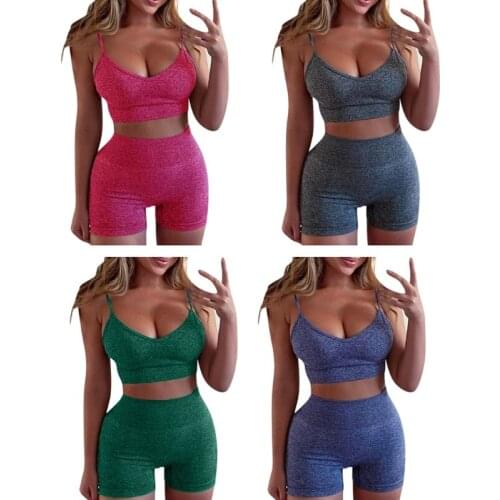 Women Summer 2 Piece Yoga Outfits Set Spaghetti Strap Camis Crop Top High Waist Shorts Solid Color Workout Tracksuit Sportswear
