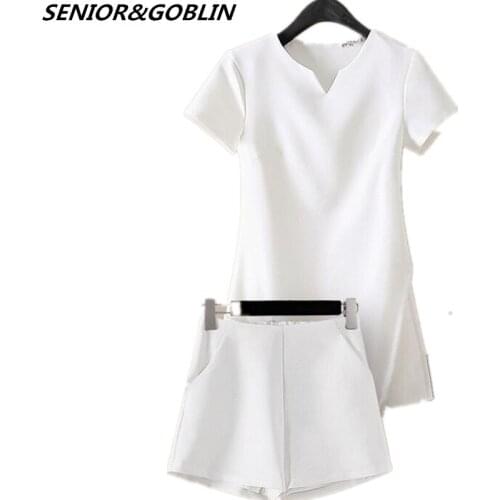 New 2019 Women Formal 2 Piece Set Summer White Short Sleeve Irregular T-shirt Top+ Shorts Two Piece Suit Pant Casual Tracksuit