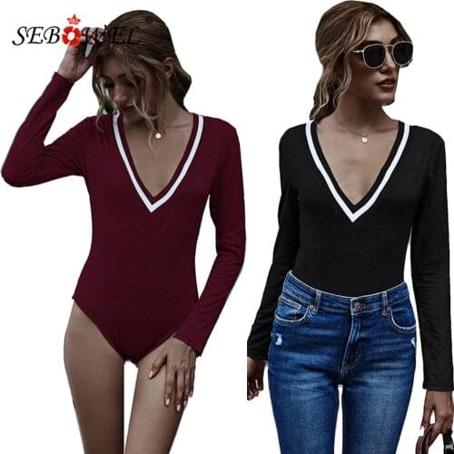 SEBOWEL Long Sleeve Threaded Deep V-neck Casual Slim Bodysuit Woman 2020 Autumn Lady Body Top Clothes Short Jumpsuit S-XL