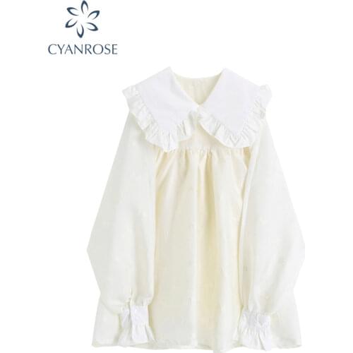 Peter pan collar Women White dress 2020 Spring Autumn Sweet Literary Vintage Solid Loose Long Sleeve Korean Mori Girl Dress
