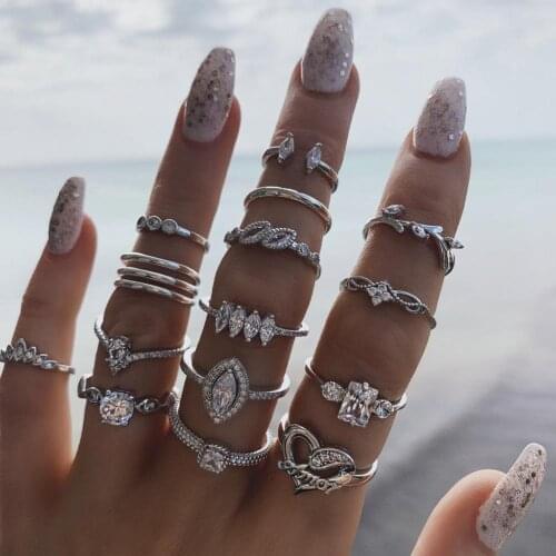 15Pcs/Set Bohemian Women Heart Rhinestone Stackable Finger Ring Jewelry Gift