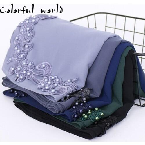 2020 Fashion High Quality Women Muslim Headscarf Flower Diamond Islamic Hijab Scarf Shawls and Wraps Ethnic Pearl Chiffon Hijab