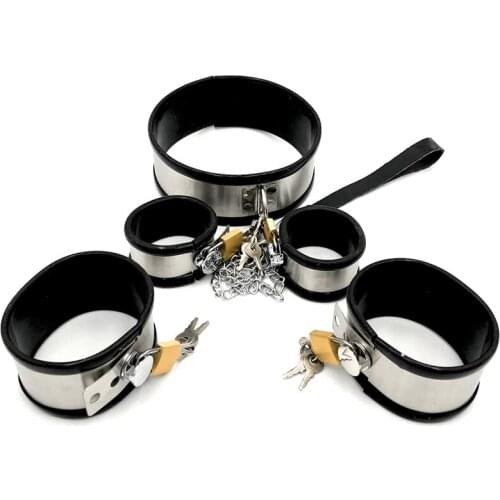 3pcs/Set Stainless Steel Slave Collar Handcuffs Ankle Cuffs BDSM Torture Adult Games Sex Toys For Couples Bondage Restraints