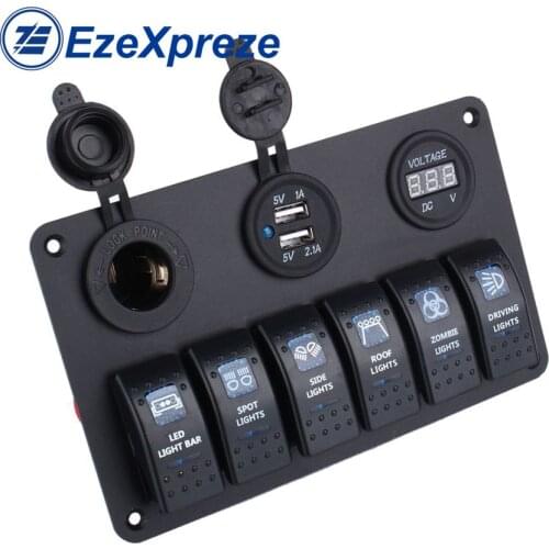 6 GANG WATERPROOF CAR MARINE BOAT CIRCUIT BLUE LED ROCKER SWITCH PANEL BREAKER with Fuse Dual USB Slot Socket Accessories