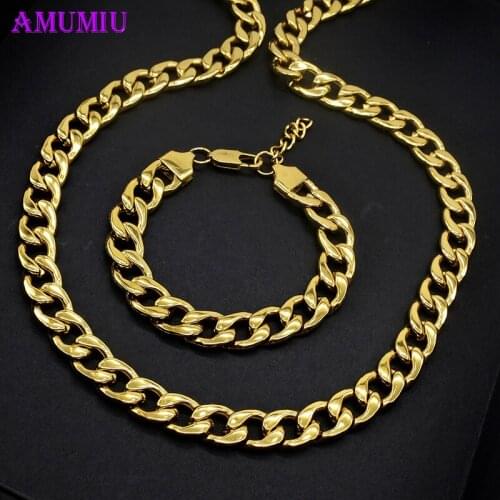 AMUMIU Luxury Gold Women Men Necklace & Bracelet Combo Set Cuban Gold Color Necklaces Chain Hip Hop Party JS192