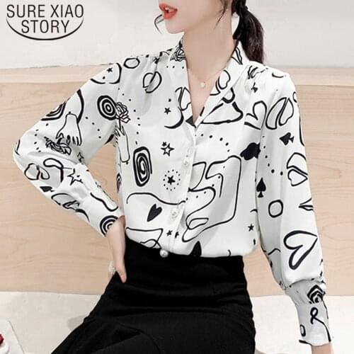 Blusas Mujer De Moda 2021 Autumn New Long Sleeve Graffiti Printed Shirts Button Chiffon Women Blouses Slim Plus Size 7042 50