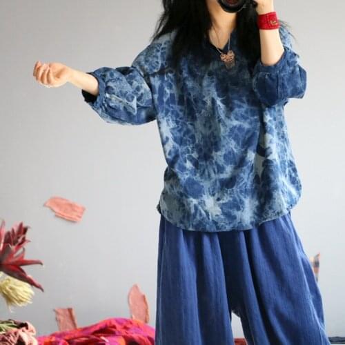 Women Loose Cotton Printed Lantern Sleeve Blouse Tops Ladies Vintage V Neck Shirt Pullovers Female Spring Autumn Tops