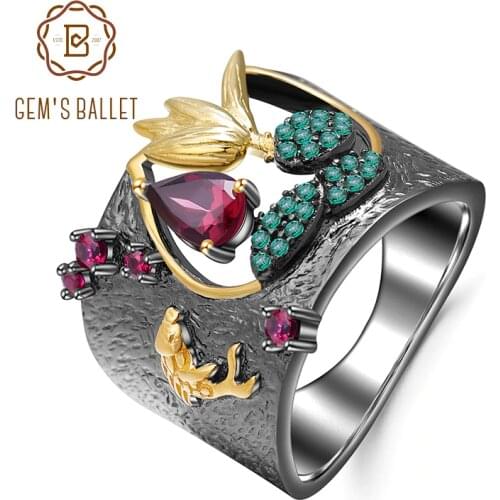GEMS BALLET 925 Sterling Silver Gemstones Finger Ring 0.52Ct Natural Rhodolite Garnet Handmade Bird Rings for Women
