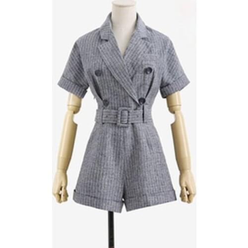 PERHAPS U White Gray Striped Turn Down Collar Notch Collar Button Sash Short Sleeve Playsuits Women Romper J0064