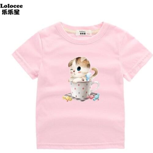 Girls Cute T-shirts Short Sleeve Cotton Summer Baby Girl Tee Lovely Cat Pet Print Tee shirt Kids Summer Clothing