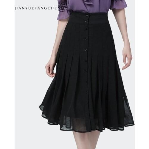 Fashion Summer High Waist A-Line Pleated Black Chiffon Skirt Single-Breasted Design Mid-Length Ladies Casual Street Wear Bottoms