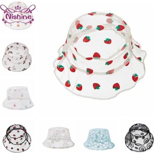 Nishine Fashion Breathable Lace Children Fisherman Caps Cute Cartoon Fruits Pattern Bucket Hats Print Infant Bonnet Photo Props