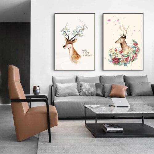 Nordic Nature Poster Wall Art Print Fresh Canvas Painting Hand Painted Elk Pictures for Girly Bedroom and Living Room Home Decor