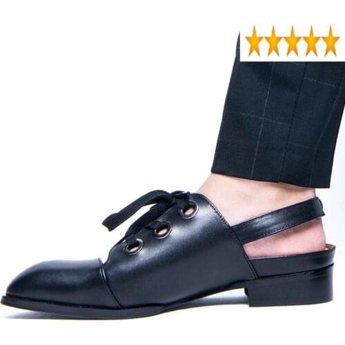 High Quality Cowhide Summer Men Pointed Toe Genuine Leather Sandals 2021 New Fashion Lace Up Beach Shoes Male Footwear